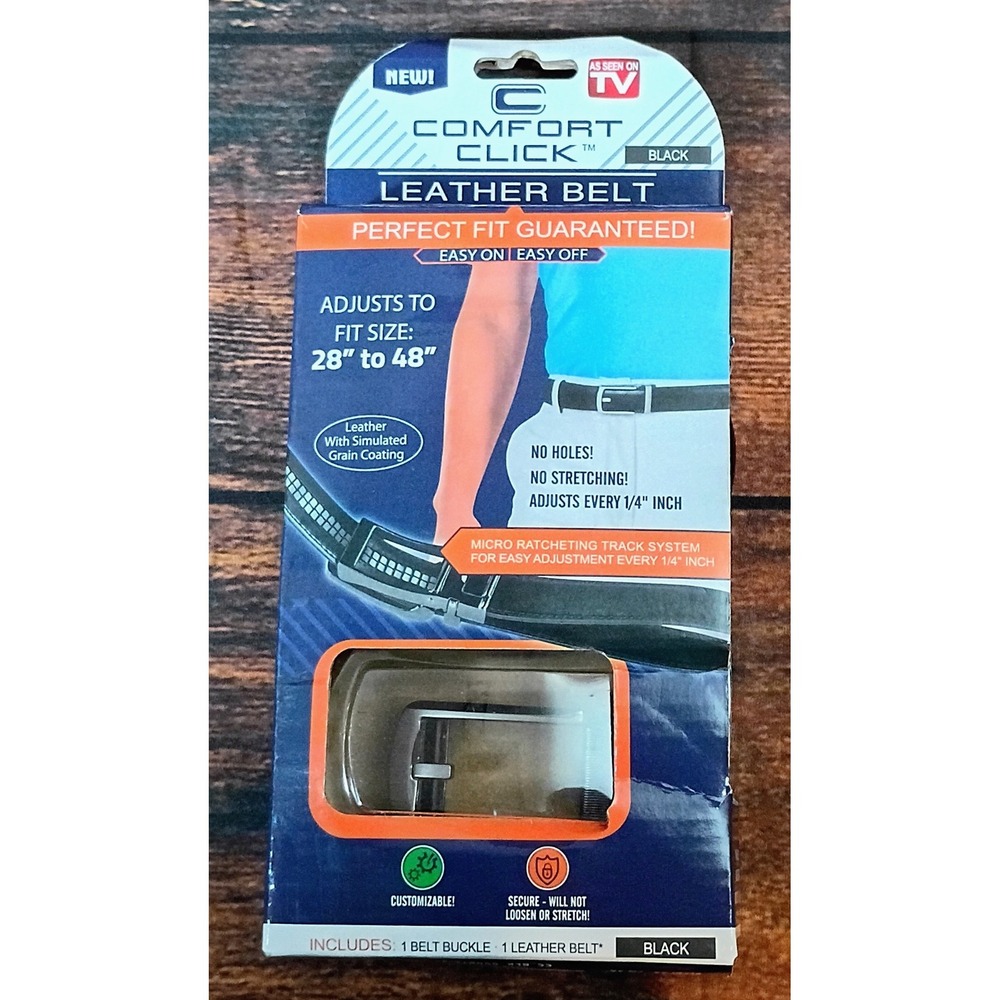 Comfort Click Mens Leather Belt Black Ratchet Adjustable Fit 28 to 48 Inch New